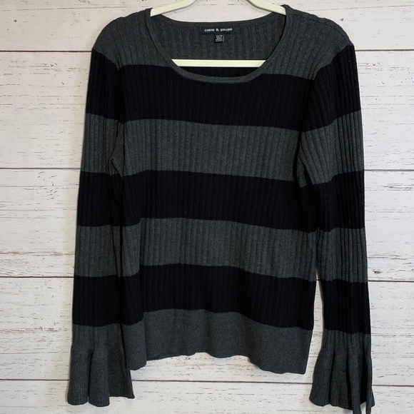Cable & Gauge Ribbed Black and Gray Striped Sweater w/ Bell Sleeves, size XL - Picture 10 of 13